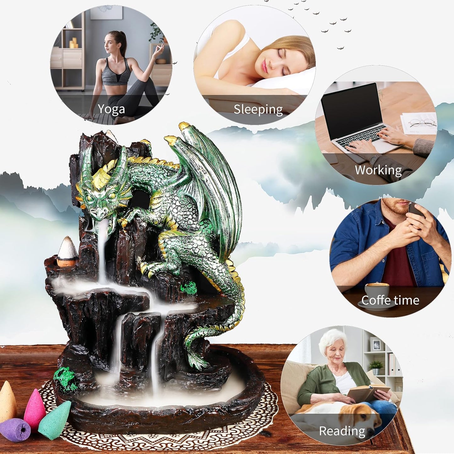 Dragon Backflow 2 Sided Mountain Waterfall Incense Burner,Fountain Smoke Incense Holder with Backflow Incense Cones, Tweezers, Mat，Resin Aromatherapy Meditation (Green)