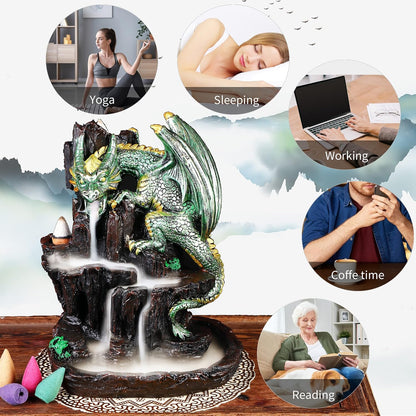Dragon Backflow 2 Sided Mountain Waterfall Incense Burner,Fountain Smoke Incense Holder with Backflow Incense Cones, Tweezers, Mat，Resin Aromatherapy Meditation (Green)
