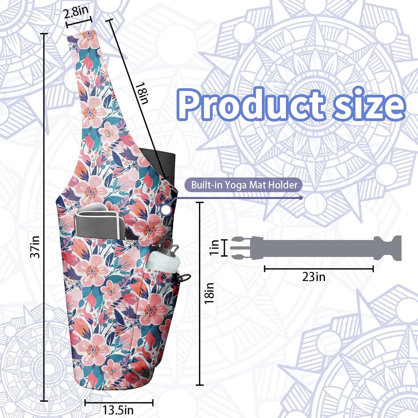 Yoga Bag for Women, Large Yoga Mat Bag Tote Carrier with Wet Dry Pocket, Water Bottle Holder & Adjustable Strap, Fits 1/2" Thick Yoga Mat for Gym, Pilates, Travel, Work