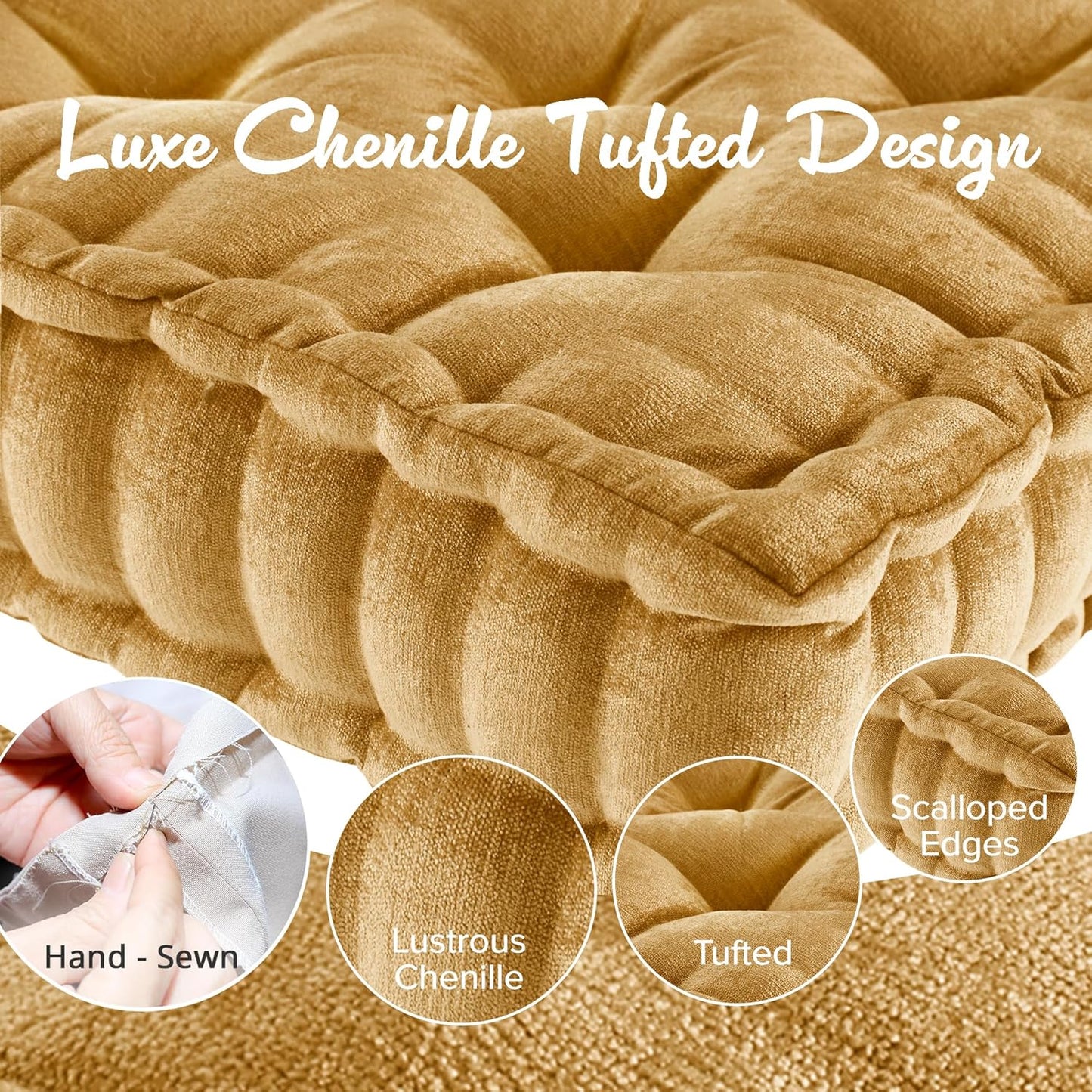 Intelligent Design Large Floor Pillow for Adults Yoga or Meditation Cushion with Handle, Floor Cushion for Board Games, Lustrous Chenille Tufted, Handsewn Scalloped Edge, Azza, 24" x 24" x 5" Yellow