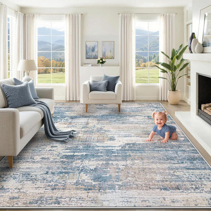 XLUEZ 8x10 Area Rugs for Living Room, Washable Modern Abstract Large Area Rug Neutral Soft Non Slip Kids Rug Stain Resistant Indoor Carpet for Bedroom Nursery Dining Children's Room(Blue, 8'x10')