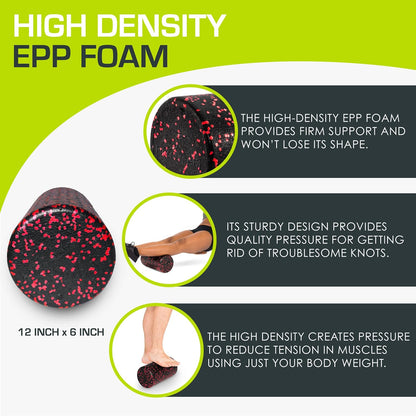 High Density Foam Rollers 12 - inches long, Firm Full Body Athletic Massage Tool for Back Stretching, Yoga, Pilates, Post Workout Muscle Recuperation, Black