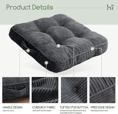HIGOGOGO Floor Pillow Cushion for Adults, Meditation Cushion Pillow, Large Square Floor Sitting, Tufted Corduroy Cover, for Tatami Living Room or Yoga, 22x22 Inch, Dark Grey