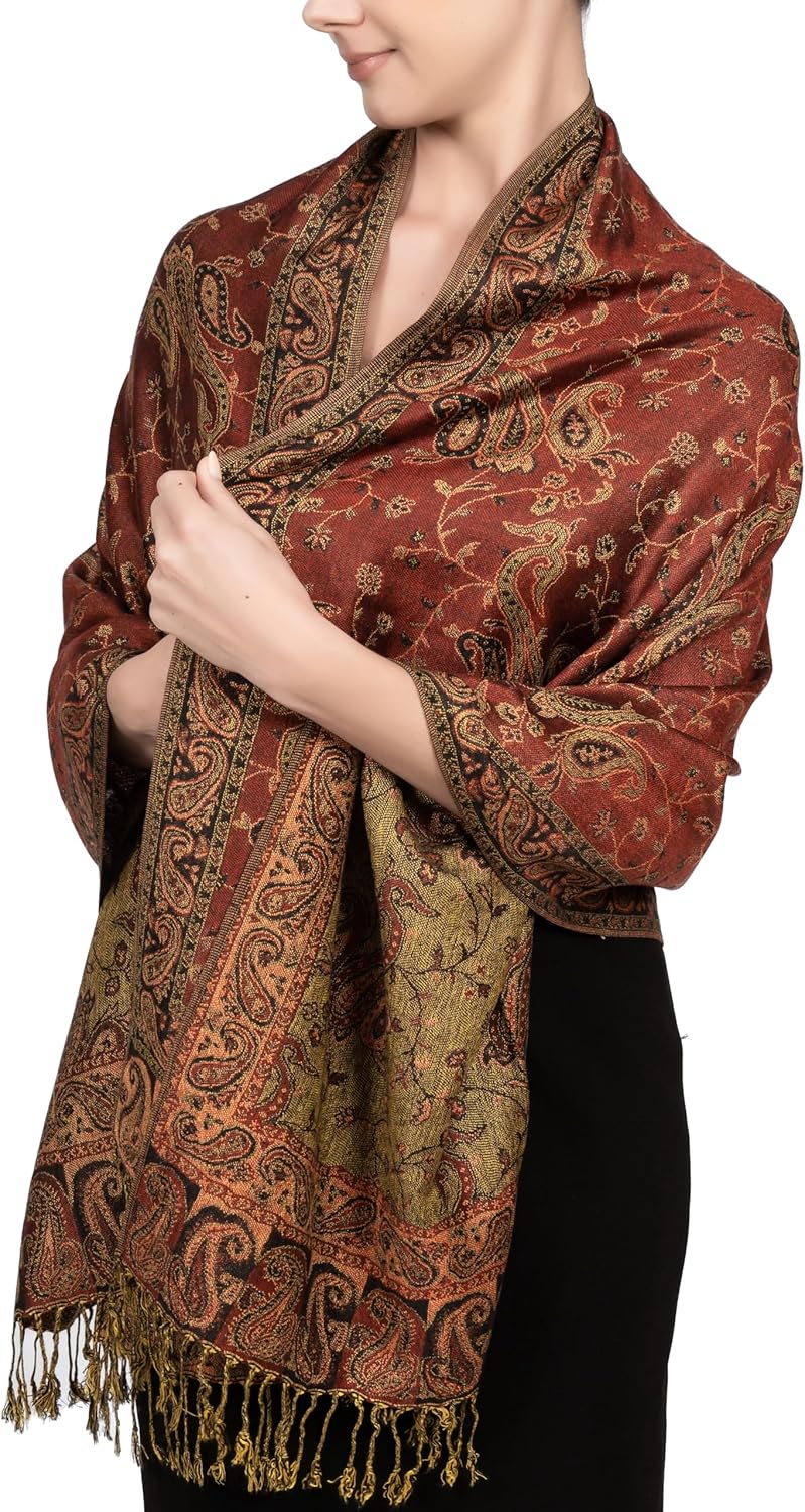 Achillea Reversible Paisley Pashmina Rave Scarf – Exotic Indian Shawls and Wraps for Evening Dresses, Festivals, All Seasons - Colors A
