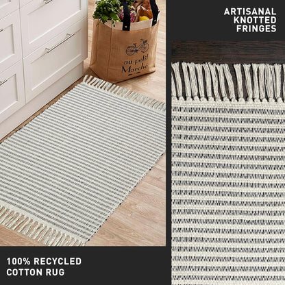 Chardin home Beige & Ivory Providence Runner 2.5x8 feet |Hand Woven Farmhouse Rug with Hand Knotted Fringes|Great in Kitchens entryways Hallways Bathrooms Meditation Yoga Mat|Reversible Cotton Rug