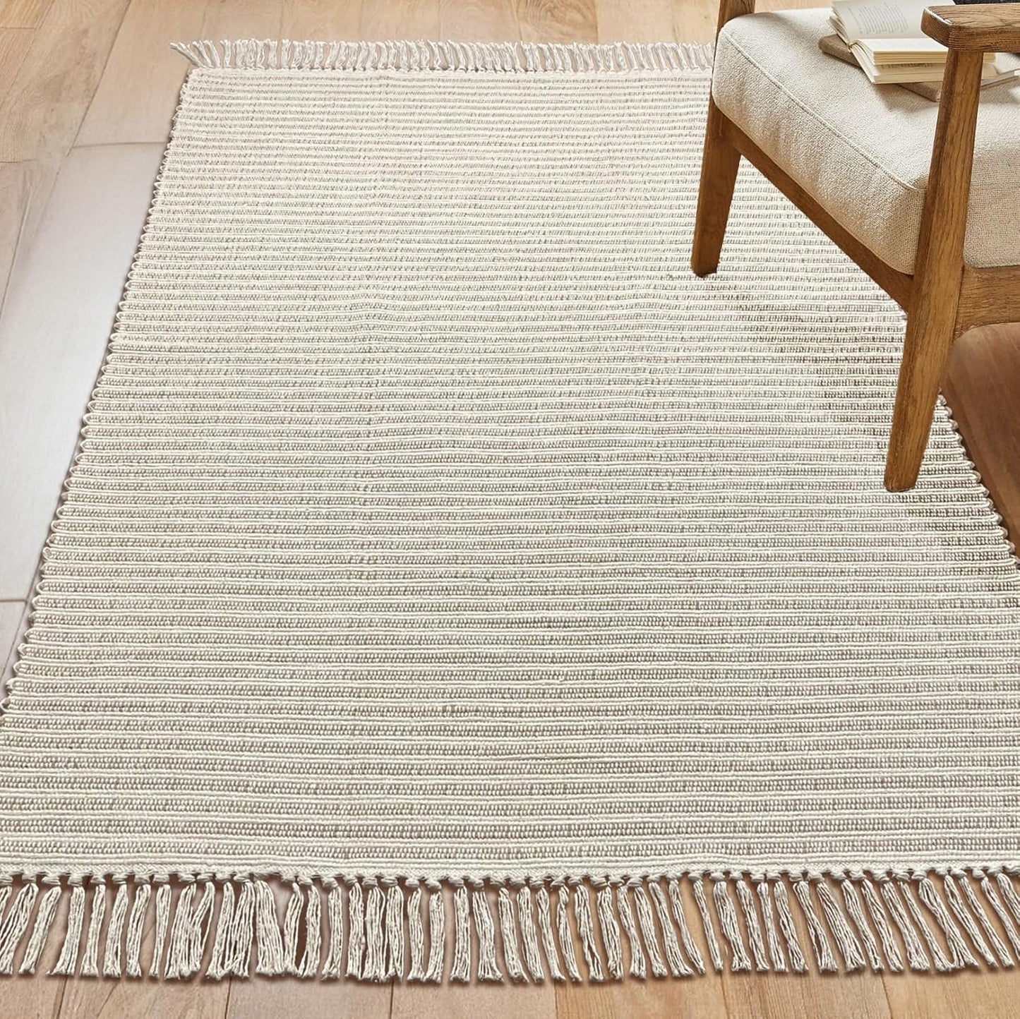 Chardin home Beige & Ivory Providence Runner 2.5x8 feet |Hand Woven Farmhouse Rug with Hand Knotted Fringes|Great in Kitchens entryways Hallways Bathrooms Meditation Yoga Mat|Reversible Cotton Rug