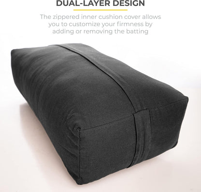Extra Firm Large Yoga Bolster, 24" x 12" x 6" Cinched OR Zippered Yoga Pillow, Rectangular Cotton Cushion With Removable Cover for Studios, 1 Pack or 2 Pack