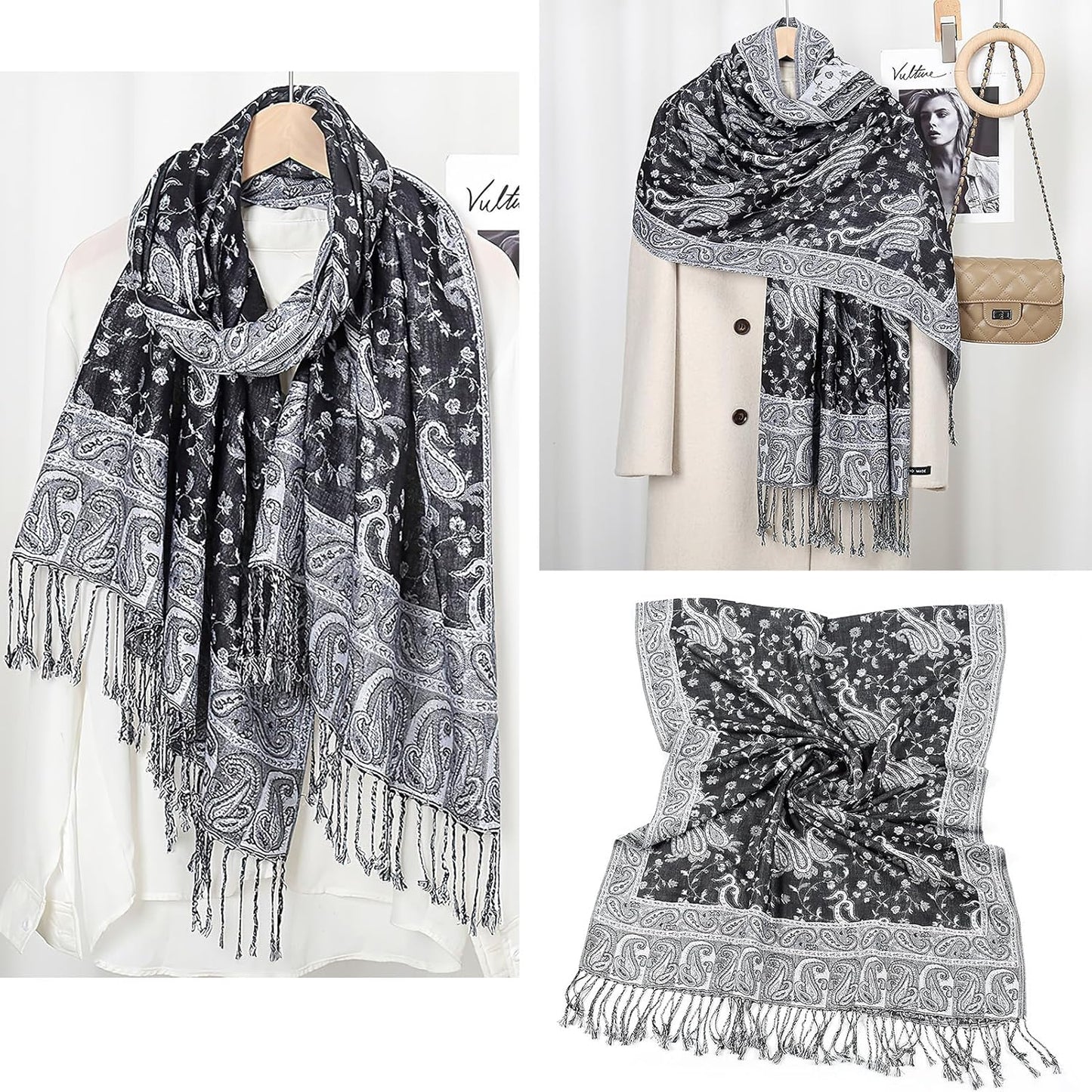 Ciormis Two Tone Silky Paisley Pashmina Shawl Scarf,Soft Women's Rave Jacquard Pashminas Wrap Scarves