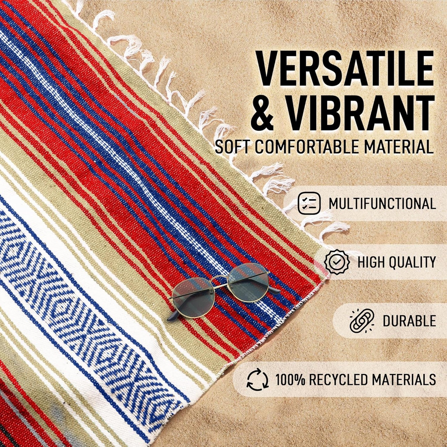 Hydration Nation Authentic Large Handwoven Mexican Blanket - Soft Yoga - Durable Serape - Lightweight Falsa, Beach, Camping, Picnic, Outdoor 70"x50" - Mandarin