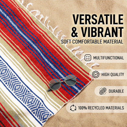 Hydration Nation Authentic Large Handwoven Mexican Blanket - Soft Yoga - Durable Serape - Lightweight Falsa, Beach, Camping, Picnic, Outdoor 70"x50" - Mandarin