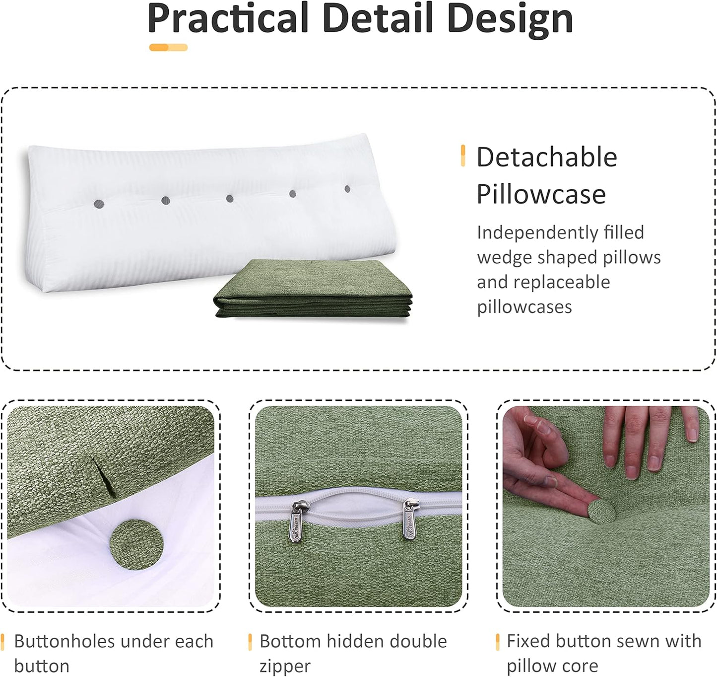 Cotton Linen Daybed Pillow Large Filled Triangular Soft Headboard Wedge Cushion Bed Backrest Positioning Support Reading Pillow for Adult Shoulder Lumbar Leg Bolster（Yellow, Small）