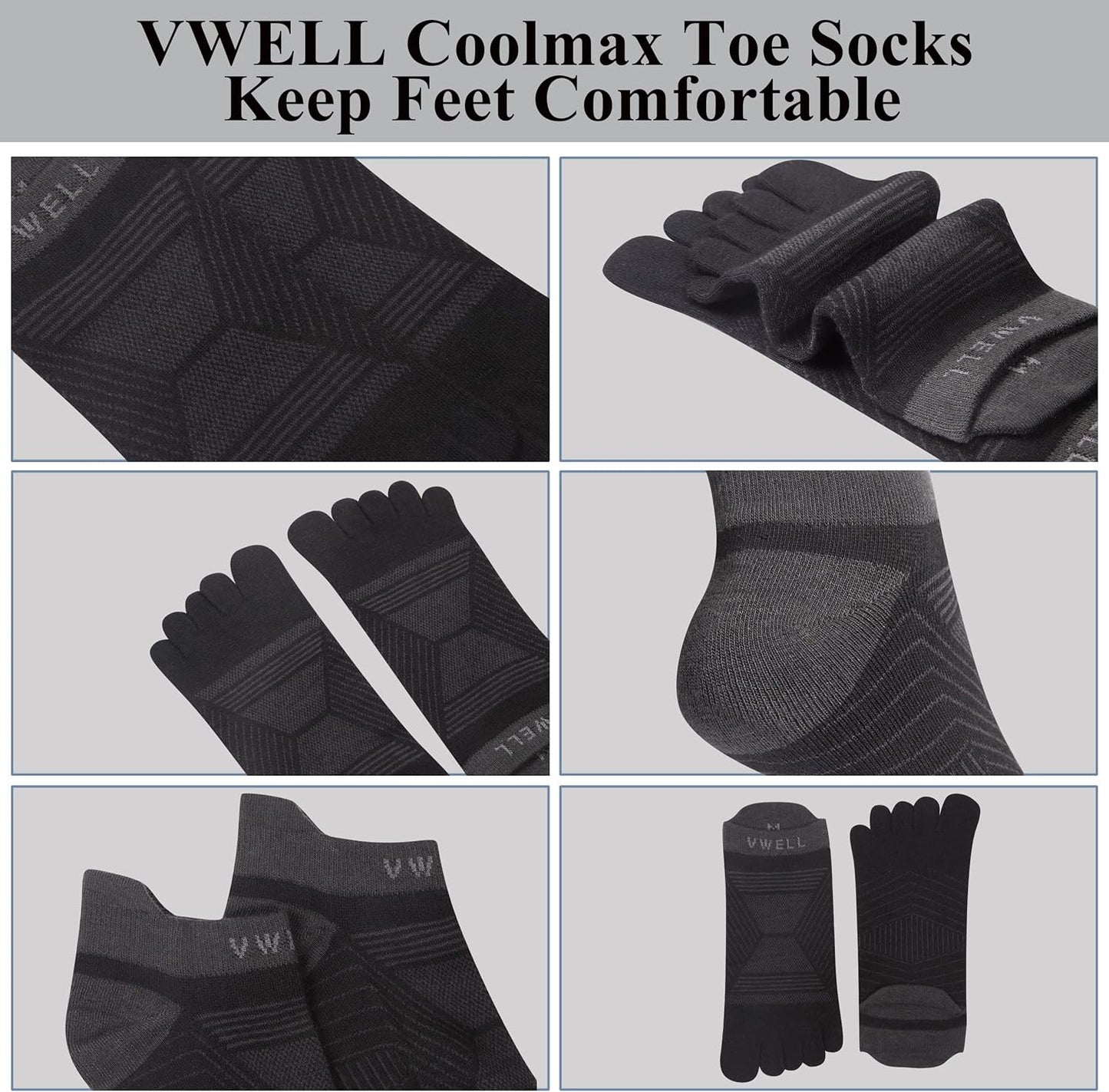 VWELL Toe Socks for Men/Women, COOLMAX Five Finger Socks, High Performance Athletic Toe Socks No Show (3Pairs)