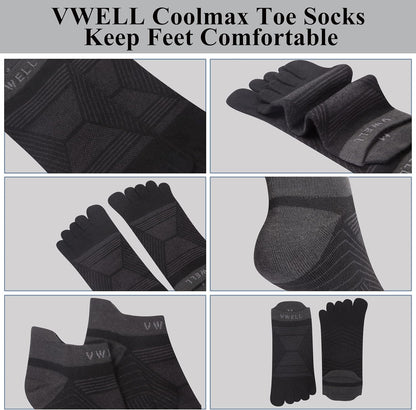 VWELL Toe Socks for Men/Women, COOLMAX Five Finger Socks, High Performance Athletic Toe Socks No Show (3Pairs)
