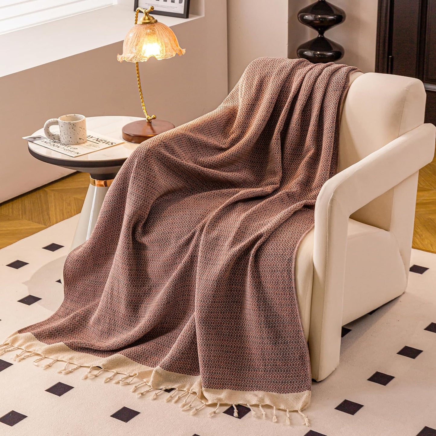 Peshtemania Premium Cotton Throw Blanket, 50x60 inches, Light Blue, Turkish Herringbone, Farmhouse Decor, Yoga Blanket, Picnic Blanket