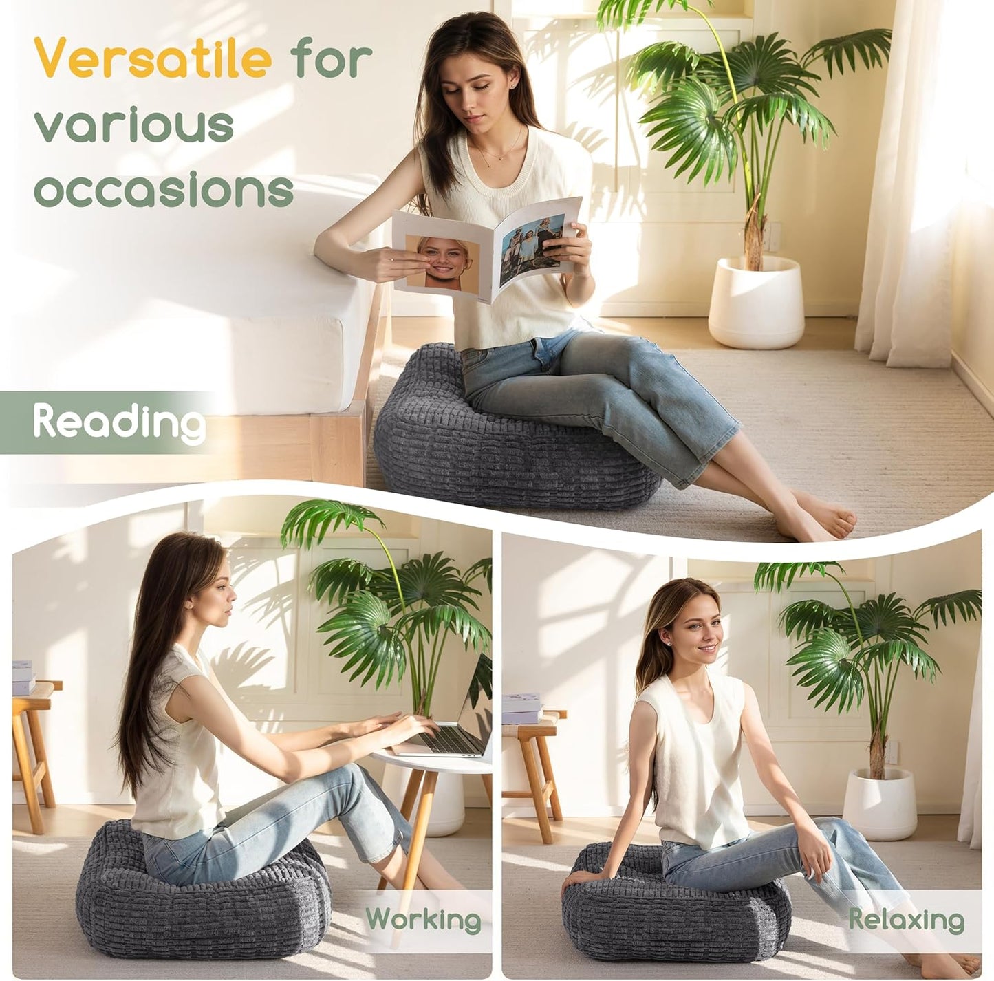 HIGOGOGO Floor Pillow Cushion for Adults, Meditation Cushion Pillow, Blended Corduroy Cover, Large Square Floor Sitting for Tatami Living Room or Yoga, 22x22 Inch, Beige