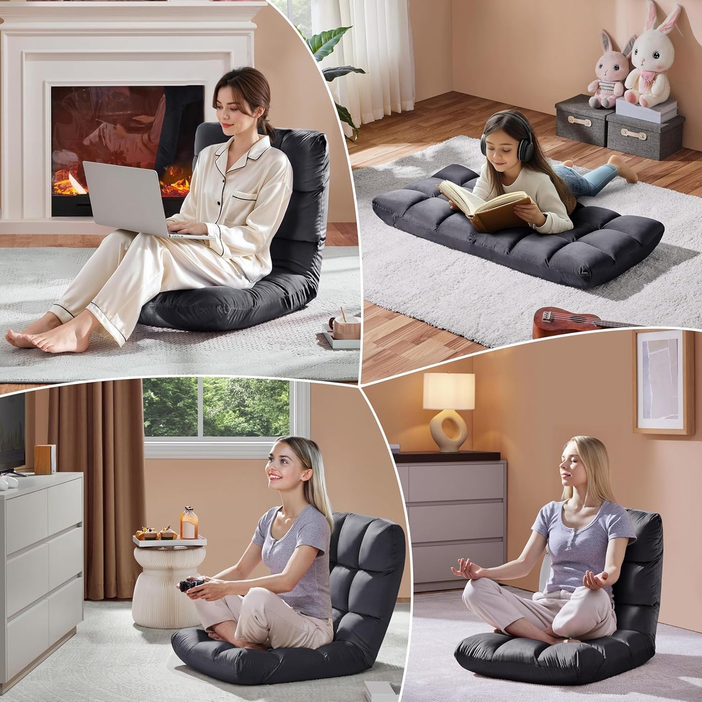 Yaheetech Adjustable Floor Chair with Back Support, Foldable Thick Padded Seat for Meditation&Gaming on Floor, Space Saving Lazy Lounger for Bedroom Dorm, Black