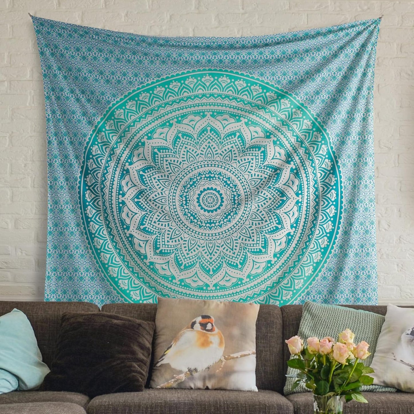 THE ART BOX Original Gold Tapestry Wall Hanging Mandala – Cotton Throw Tapestry – Boho Bedding White and Gold Medium Bedspread 54x60 Inches – Meditation & Yoga Rug Mat