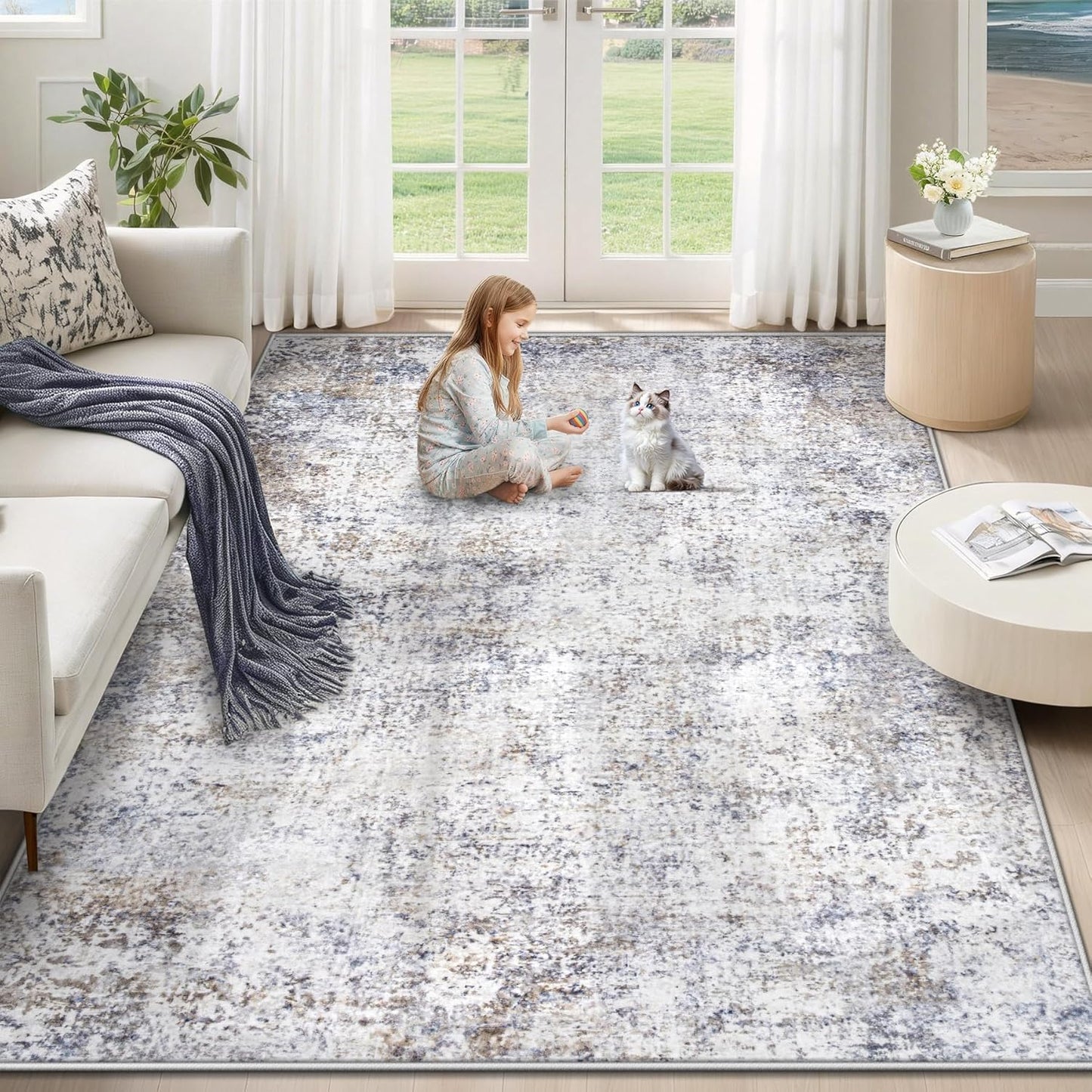 XLUEZ 8x10 Area Rugs for Living Room, Washable Modern Abstract Large Area Rug Neutral Soft Non Slip Kids Rug Stain Resistant Indoor Carpet for Bedroom Nursery Dining Children's Room(Blue, 8'x10')