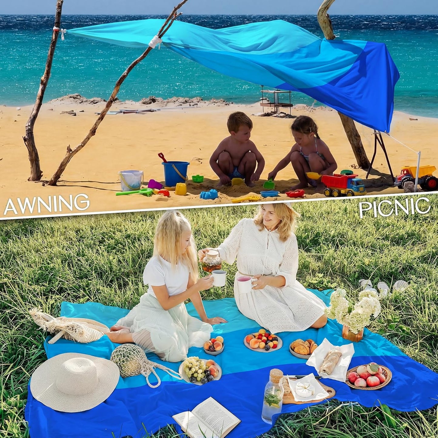 BYDOLL Beach Blanket Waterproof Sandproof Large Sand Free,78''X81''/10'X9' Oversized Sandless Lightweight Blanket Picnic Mat for Beach Travel Camping Hiking with Stakes