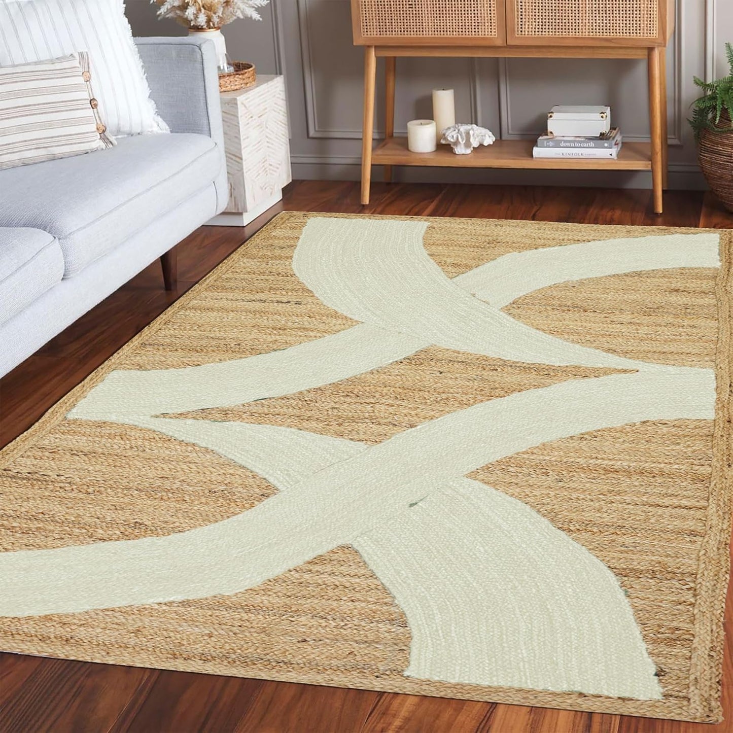 Premium Quality Jute Rug 4x6 Feet Area Rug Natural Fiber Jute Rugs Thick 0.27" Black Abstract Pattern Geometric Rugs for Kids Room, Living Room, Yoga Mat, Indoor Outdoor Carpet - Colors B