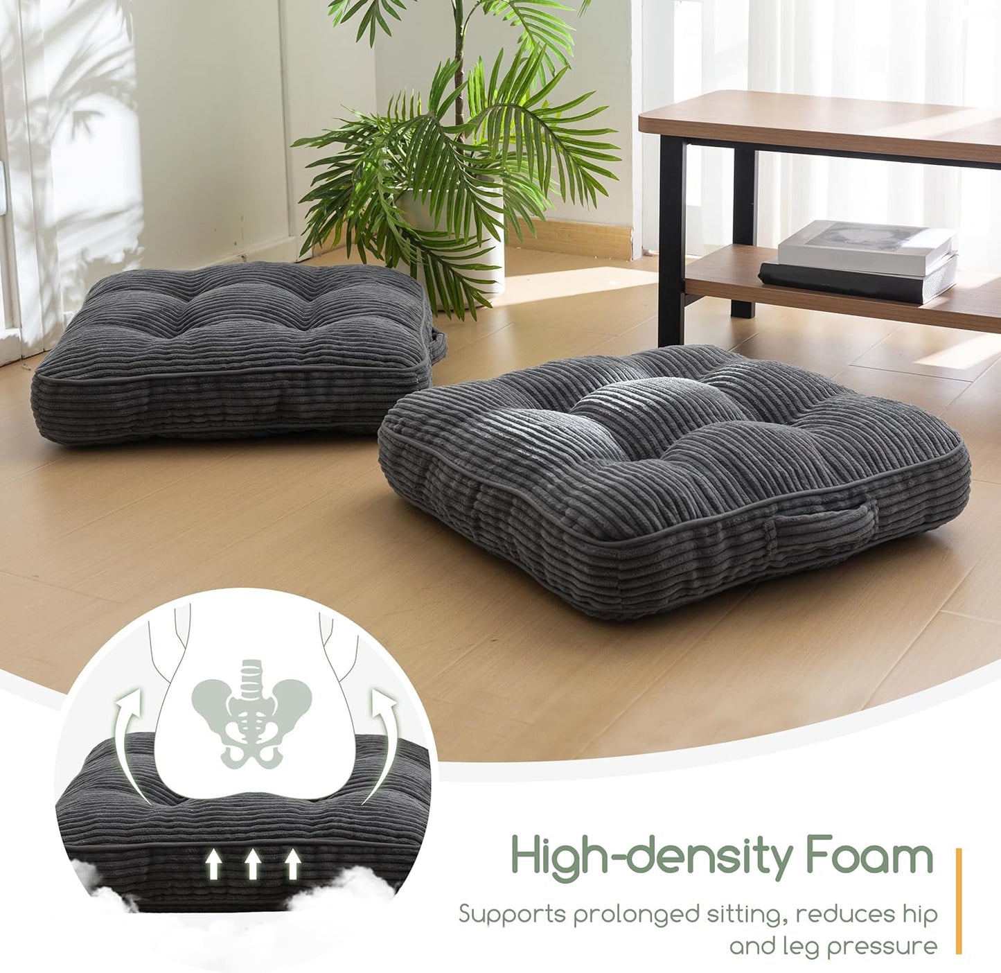 HIGOGOGO Floor Pillow Cushion for Adults, Meditation Cushion Pillow, Large Square Floor Sitting, Tufted Corduroy Cover, for Tatami Living Room or Yoga, 22x22 Inch, Dark Grey