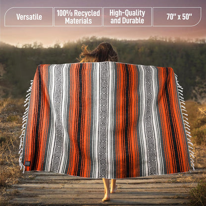 Hydration Nation Authentic Large Handwoven Mexican Blanket - Soft Yoga - Durable Serape - Lightweight Falsa, Beach, Camping, Picnic, Outdoor 70"x50" - Mandarin