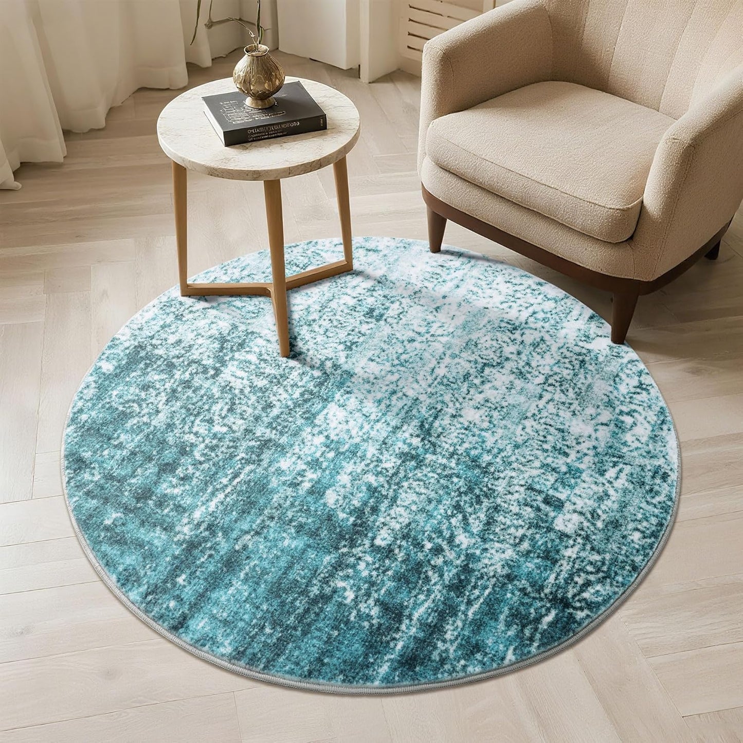 Carvapet 4ft Washable Round Rugs, Modern Abstract Circle Rug, Non Slip Rubber Backing Foldable Low Pile Carpet for Living Room Bedroom, 4ft Red/Orange Rug