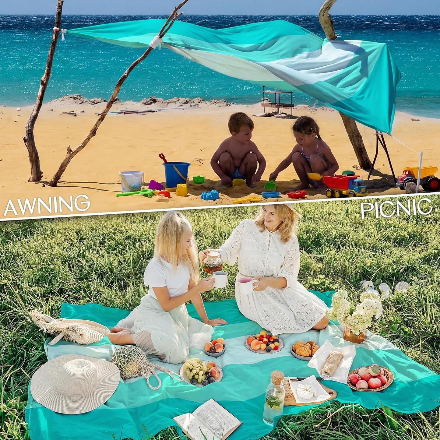 BYDOLL Beach Blanket Waterproof Sandproof Large Sand Free,78''X81''/10'X9' Oversized Sandless Lightweight Blanket Picnic Mat for Beach Travel Camping Hiking with Stakes