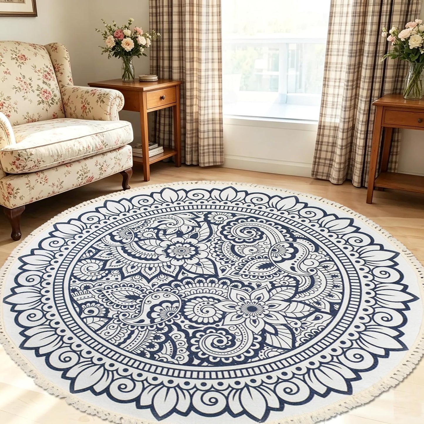 Boho Rug 5Ft Round Bedroom Carpet Circle Nonslip Farmhouse Area Rug Rustic Mandala Floor Mat for Living Room Locker Room Tassel Yoga Throw Rugs Washable Doormat, Purple