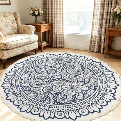 Boho Rug 5Ft Round Bedroom Carpet Circle Nonslip Farmhouse Area Rug Rustic Mandala Floor Mat for Living Room Locker Room Tassel Yoga Throw Rugs Washable Doormat, Purple