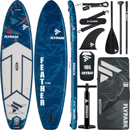 Flypark 11'x34 Inflatable Paddle Boards, Extra Wide SUP for 420lbs/3Adults, Yoga Stand Up Paddle Board, 110L Backpack, 15 D-Rings, Shoulder Strap, US-Fin, 2-Action Pump