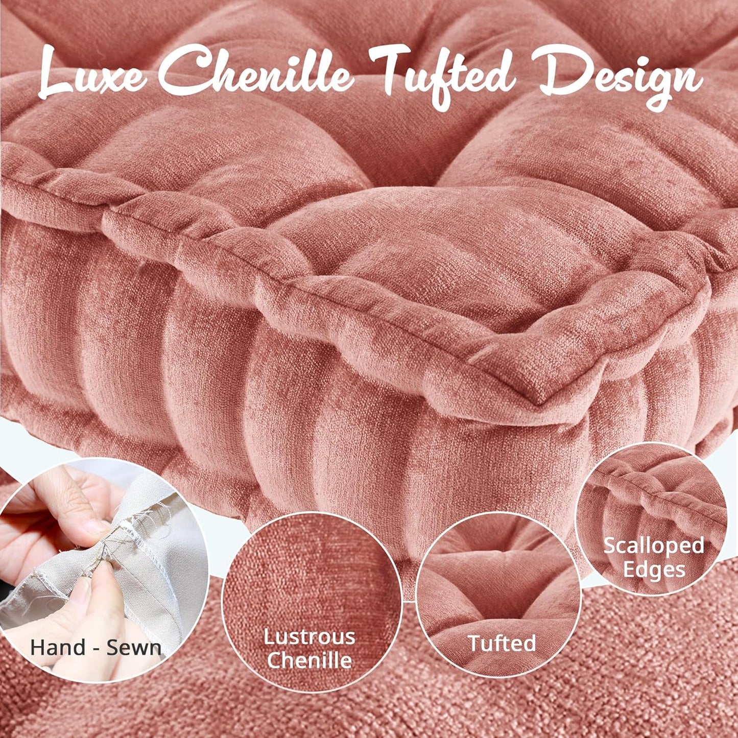 Intelligent Design Large Floor Pillow for Adults Yoga or Meditation Cushion with Handle, Floor Cushion for Board Games, Lustrous Chenille Tufted, Handsewn Scalloped Edge, Azza, 24" x 24" x 5" Yellow