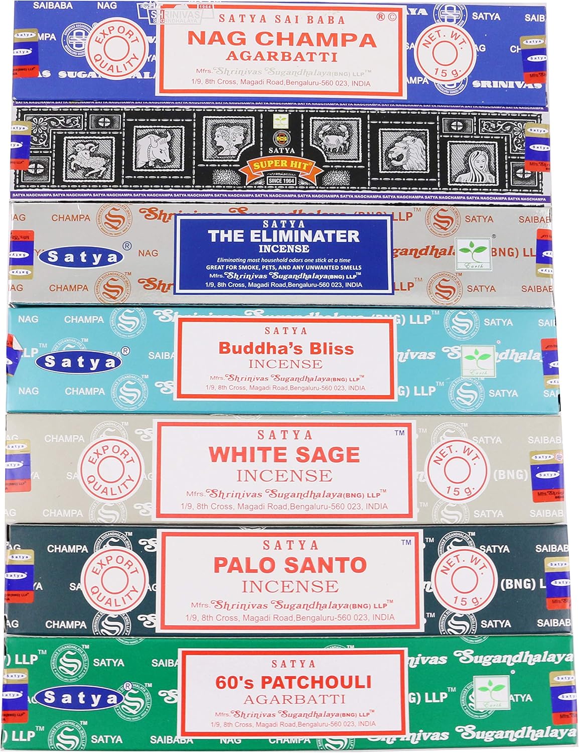 Satya Incense Gift Set Nag Champa, Super hit, Dragon's Blood, Sandalwood, Patchouli, Lavender, Positive Vibes, 15 g