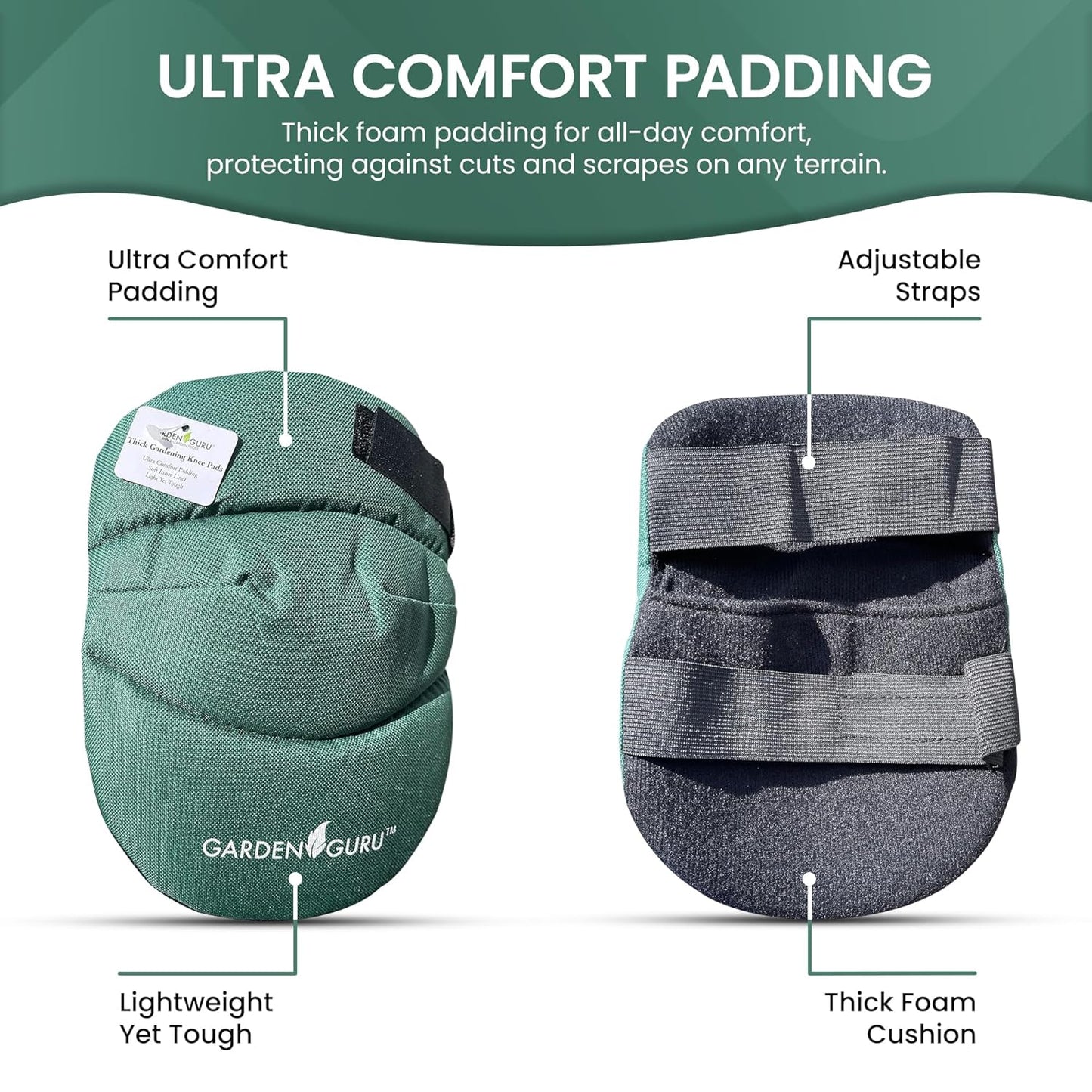 Garden Guru Cushioned Gardening Knee Pads with Adjustable Straps - Soft Inner Liner, Ultra Comfort Padding, Garden Kneelers for Yard Work, Cleaning, Household Chores, Roofing, and More 1 Pack