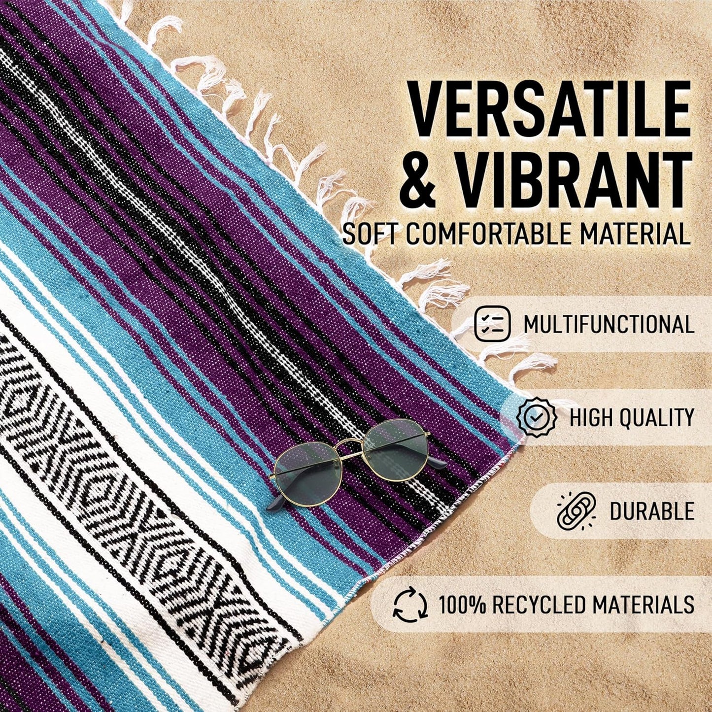 Hydration Nation Authentic Large Handwoven Mexican Blanket - Soft Yoga - Durable Serape - Lightweight Falsa, Beach, Camping, Picnic, Outdoor 70"x50" - Mandarin