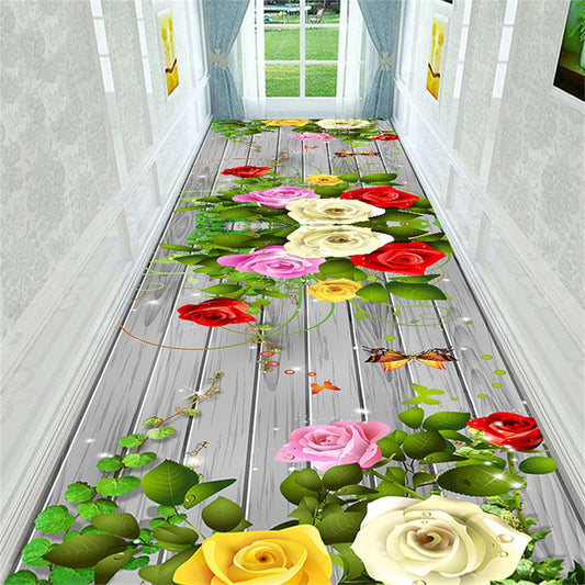 Runner Rug for Hallway, 2.6x10ft, Creative 3D Optical Illusion Stone Steps and Multicolor Floral Carpet, Contemporary Easy to Clean Non-Slip Area Rug for Bedroom Corridor Kitchen Yoga Room