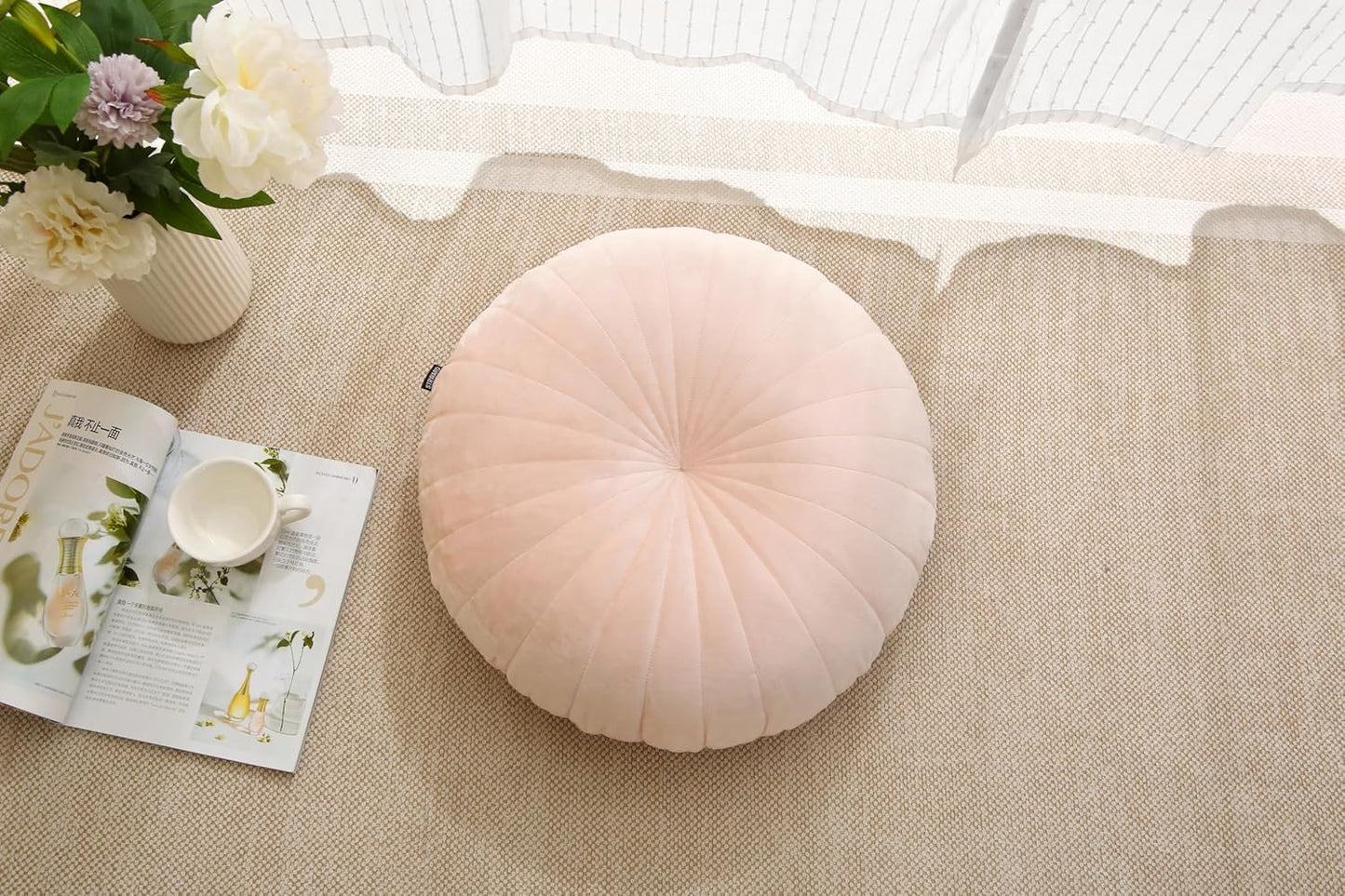 Floor Pillow Meditation Cushion Round Large Floor Pillows Seating for Adults, Velvet Thick Floor Cushions for Yoga Living Room Balcony Outdoor Tatami 18inches（Beige）