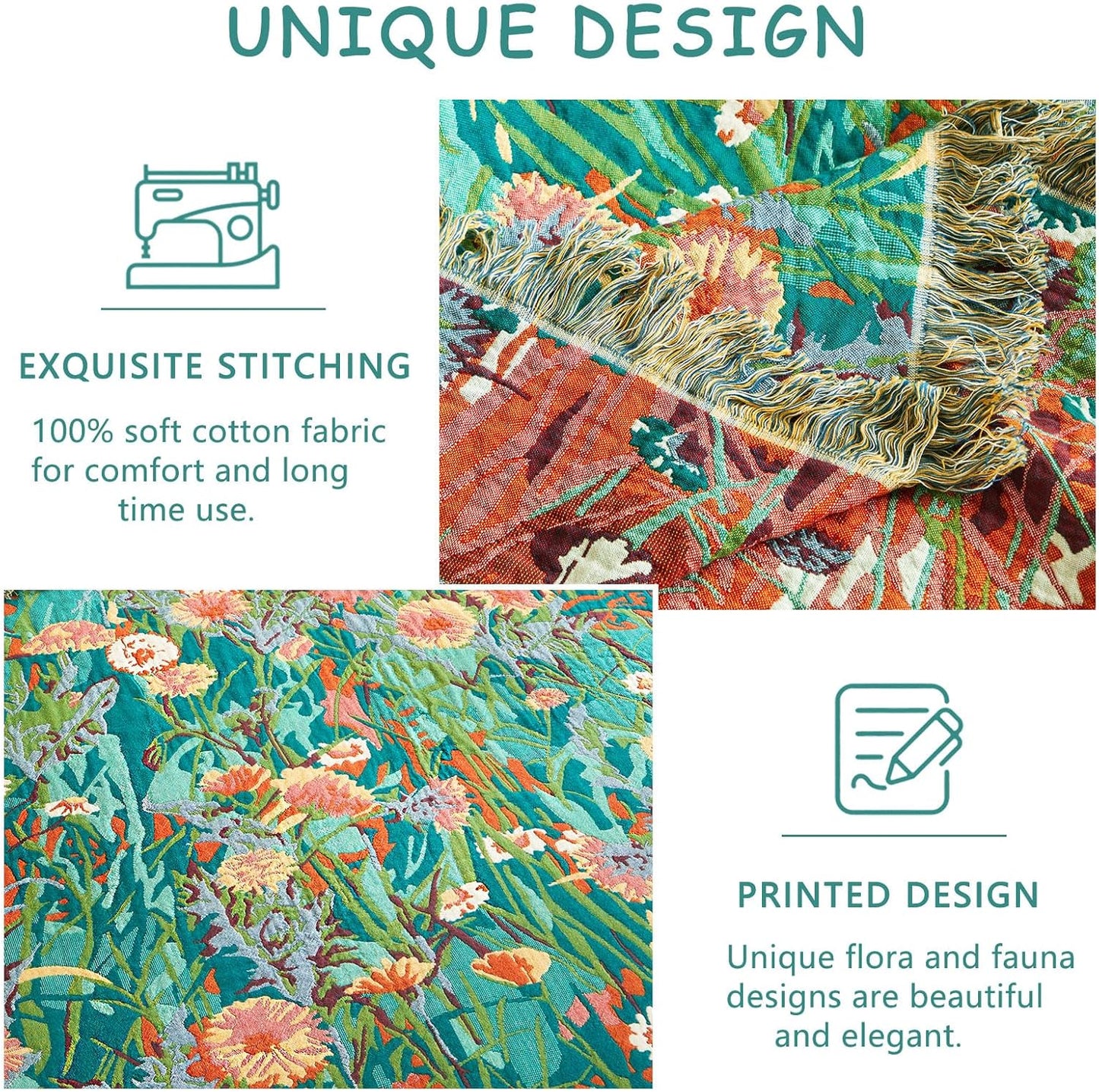 Boho Throw Blanket - 100% Cotton Soft Summer Throw Blanket for Bed, 50"x60" Reversible Breathable Lightweight Blankets, All Seasons Farmhouse Decor Floral Plant Butterfly Throw Quilt