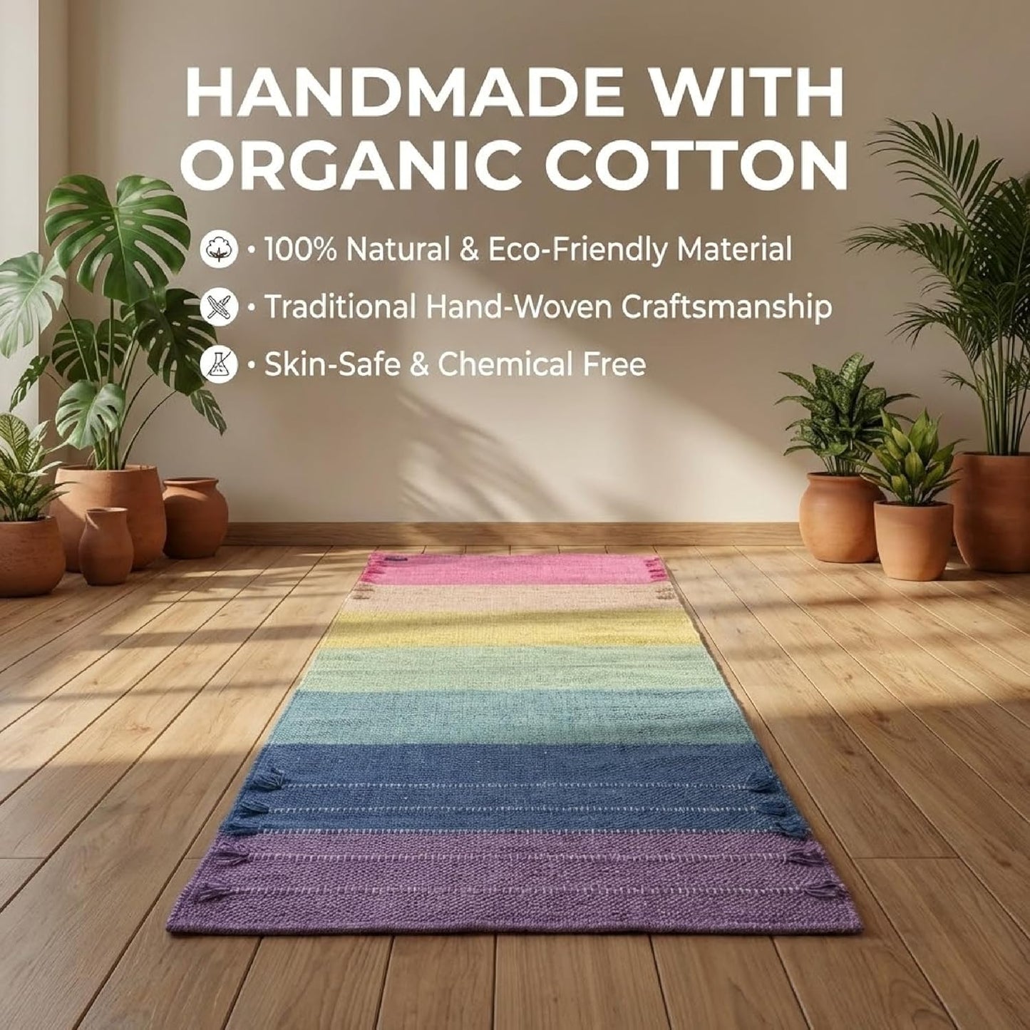 Indian Handmade100 % Organic Anti Skid Multi Colour Cotton Yoga Mat - Eco-Friendly Hand-Woven Rug - Non-Slip & Thick (24”x72”x5mm) for Hot yoga & Everyday Fitness at Home - Comfortable & Foldable Extra-Long Mat