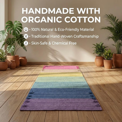 Indian Handmade100 % Organic Anti Skid Multi Colour Cotton Yoga Mat - Eco-Friendly Hand-Woven Rug - Non-Slip & Thick (24”x72”x5mm) for Hot yoga & Everyday Fitness at Home - Comfortable & Foldable Extra-Long Mat