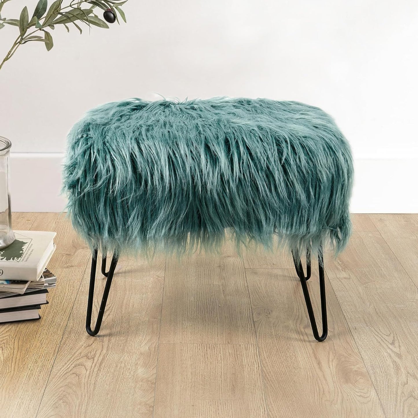 Home Soft Things Green Mongolian Faux Fur Ottoman, Desert Sage, 19'' x 13'' x 17'', Cozy Plush Fluffy Ottoman Foot Rest Stool for Living Room Bedroom Entryway Makeup Bench End of Bed Home Décor