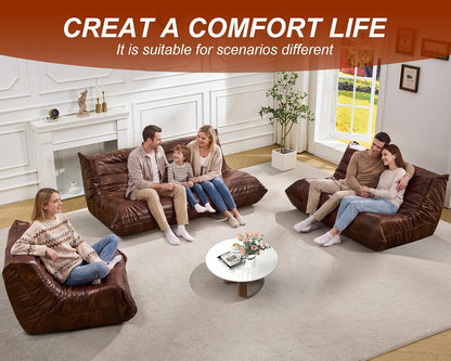 Hobestluk Giant Bean Bag Chair Lazy Floor Sofa, Memory Foam Fireside Sofa for Adults, Big Beanbag Faux Leather Armless Chair for Living Room Bedroom Dorm Office (Brown, Single)