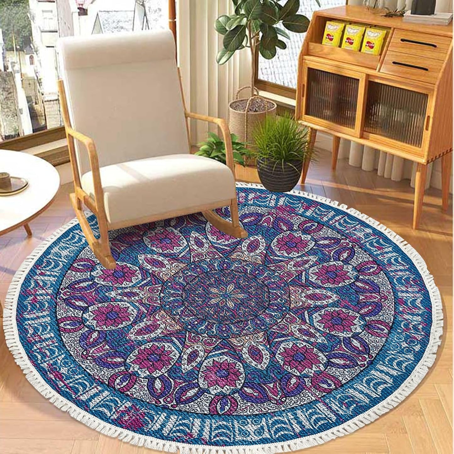 Boho Rug 5Ft Round Bedroom Carpet Circle Nonslip Farmhouse Area Rug Rustic Mandala Floor Mat for Living Room Locker Room Tassel Yoga Throw Rugs Washable Doormat, Purple