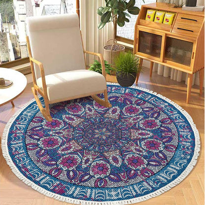 Boho Rug 5Ft Round Bedroom Carpet Circle Nonslip Farmhouse Area Rug Rustic Mandala Floor Mat for Living Room Locker Room Tassel Yoga Throw Rugs Washable Doormat, Purple
