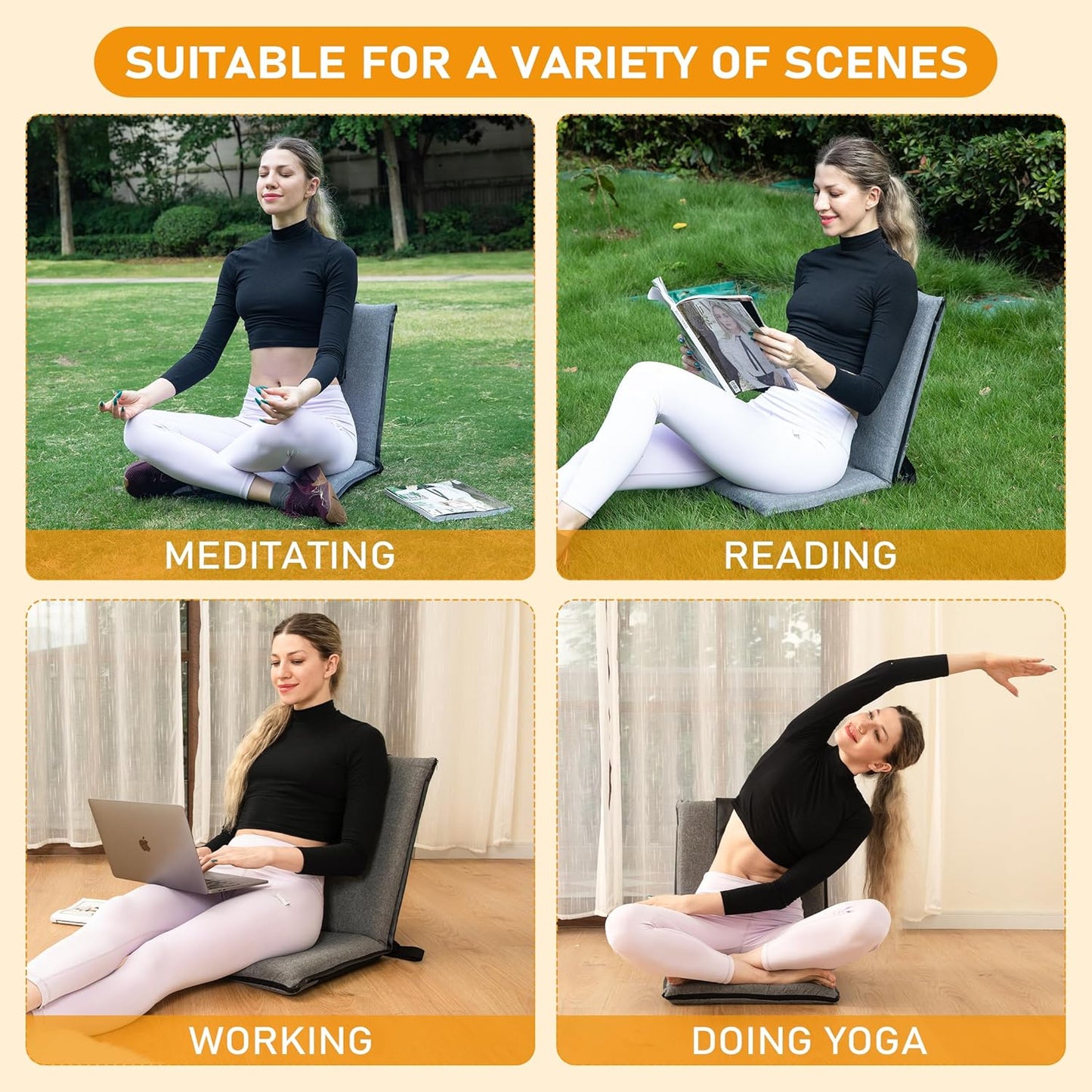Floor Chair with Back Support 14-Position Adjustable Floor Chair Portable Ground Seating for Adults & Kids Foldable Meditation Seat with Japanese KOYO Bearings & Washable Linen Cover (Coffee)