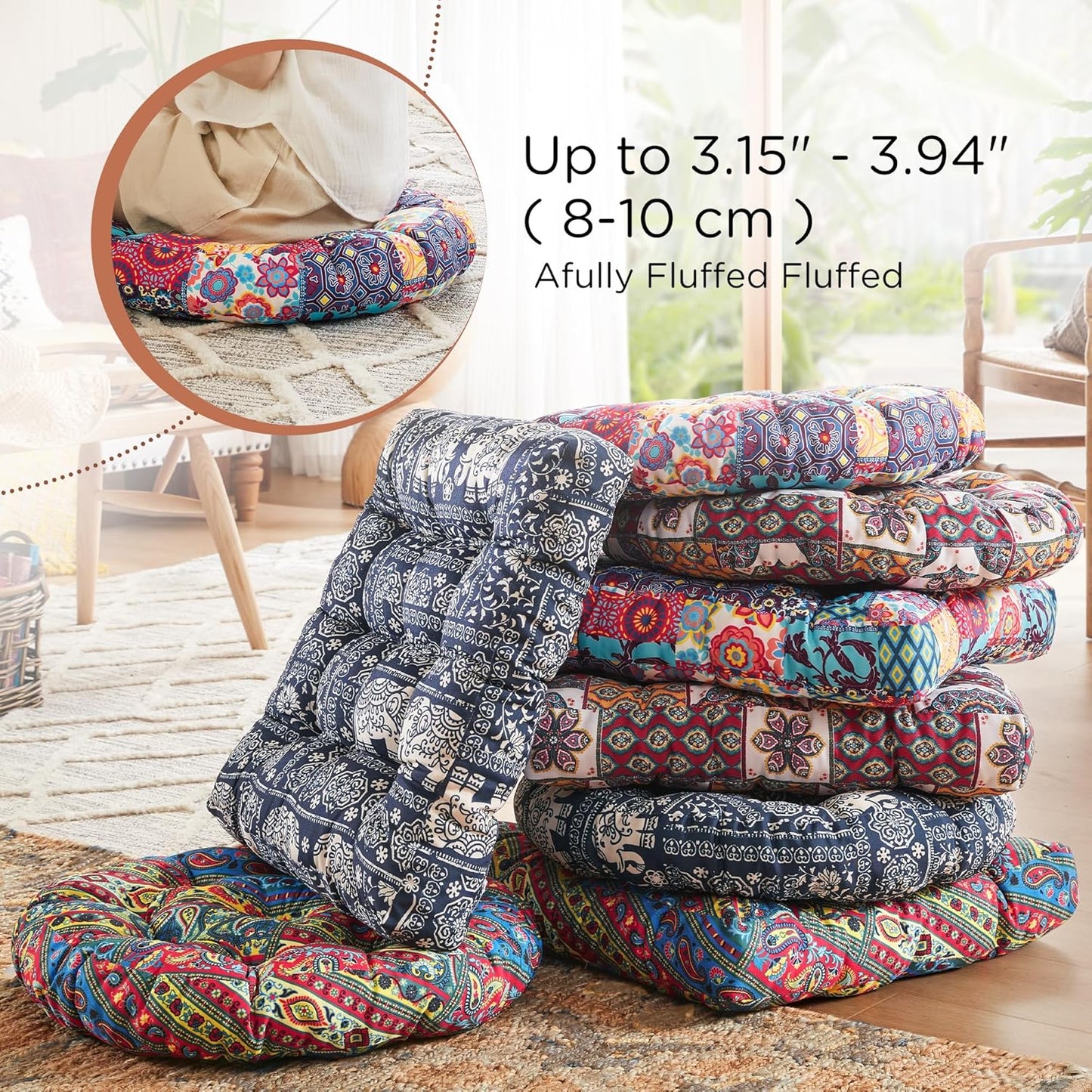 Codi Boho Floor Pillow, Large Meditation Cushion for Adults, Square Pillows Seating for Yoga Living Room Tatami Sitting Home Decor, Memory Foam Added, 22x22 Inch, Multi Patchwork