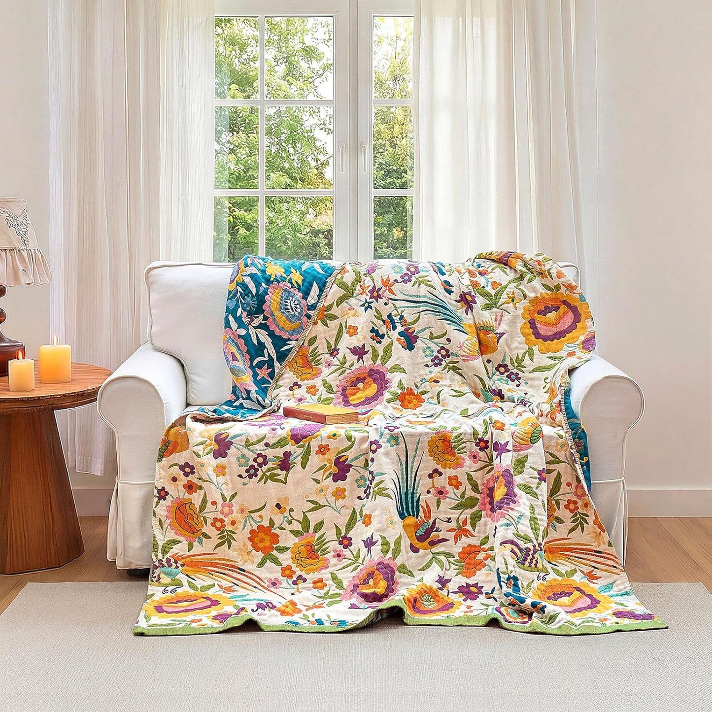 Boho Throw Blanket - 100% Cotton Soft Summer Throw Blanket for Bed, 50"x60" Reversible Breathable Lightweight Blankets, All Seasons Farmhouse Decor Floral Plant Butterfly Throw Quilt