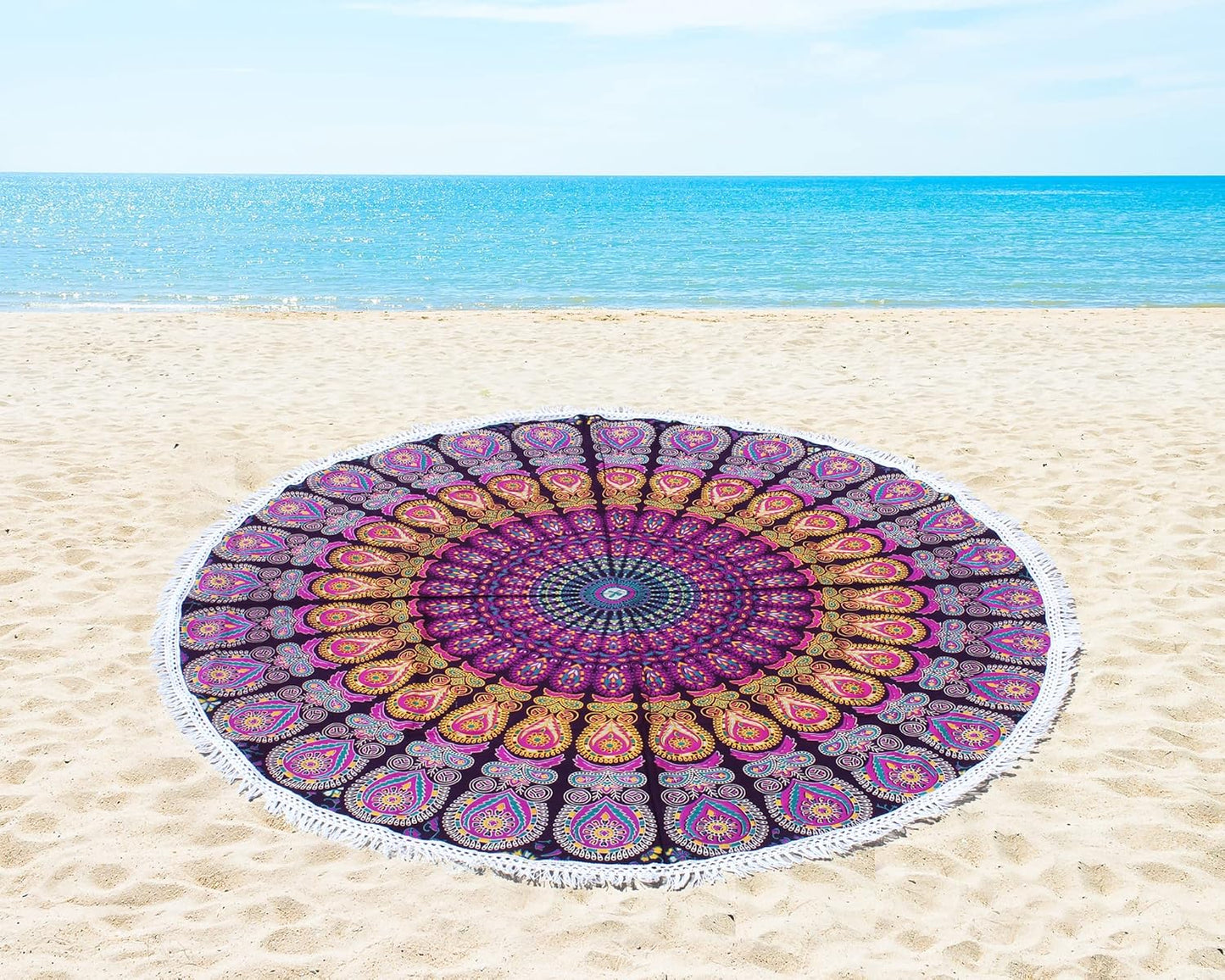 Mandala Round Beach Tapestry Boho Hippie Blanket Bohemian Large Table Cloth Home Decor Yoga Mat Meditation Picnic Rug Throw Hippy Gypsy Tablecloth Roundie (42 Inches, Orange And Blue)