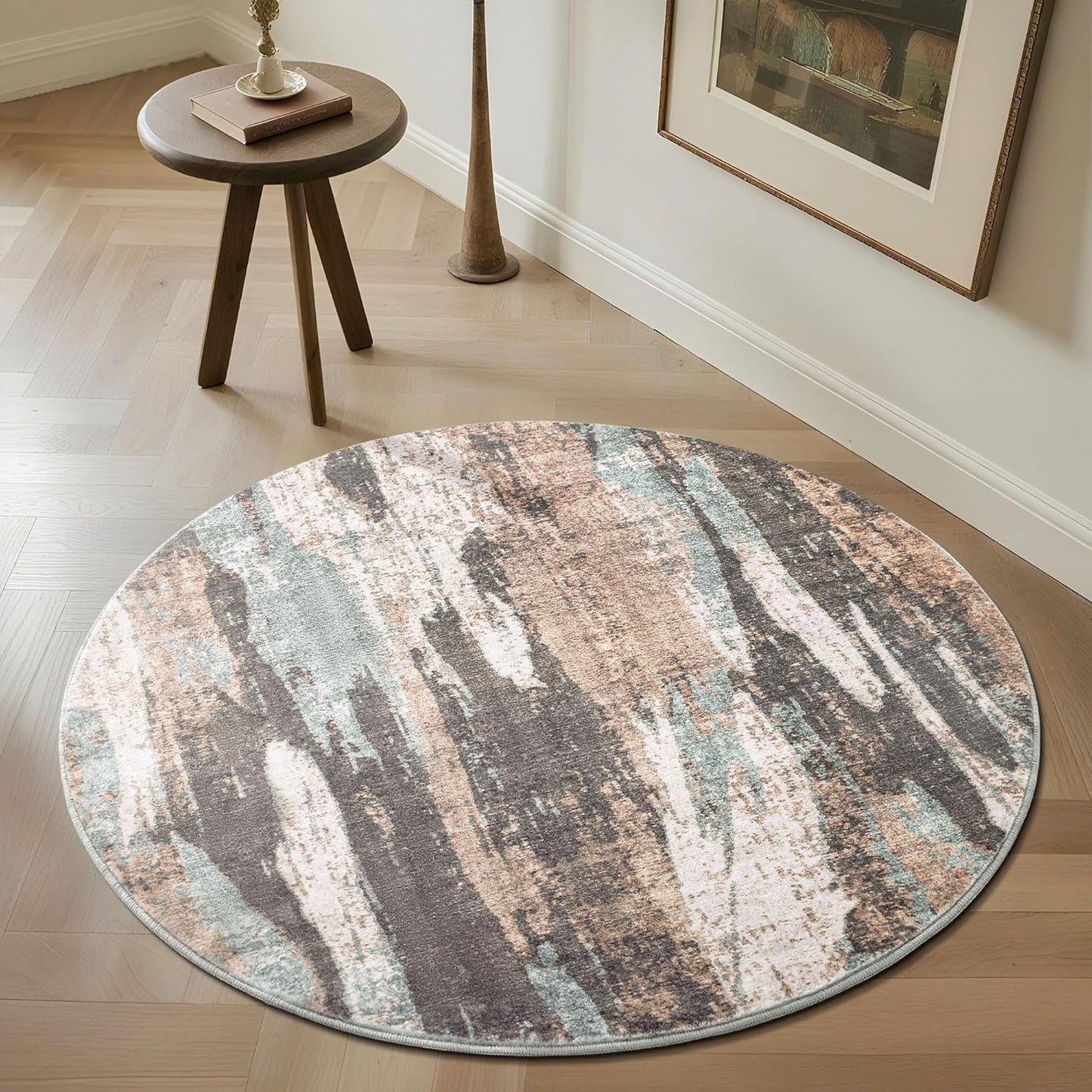 Carvapet 4ft Washable Round Rugs, Modern Abstract Circle Rug, Non Slip Rubber Backing Foldable Low Pile Carpet for Living Room Bedroom, 4ft Red/Orange Rug