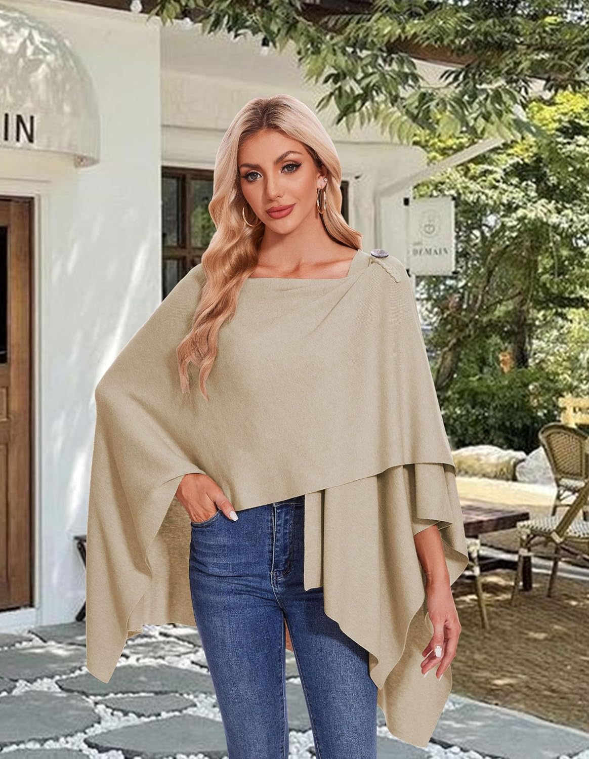 PULI Womens Large Cross Front Poncho Sweater Wrap Topper Knitted Elegant Shawls Cape for Fall Winter
